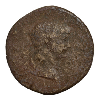 Sestertius of Emperor Trajan (53–117 CE; ruled 98–117), c. 114–115 CE. Obverse: laureate head of