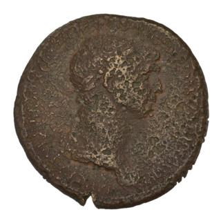 Sestertius of Trajan (53–117 CE; Roman emperor 98–117). Obverse: head of Trajan in laurel wreath