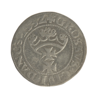 Gdansk grosz, Sigismund I the Old (King of Poland; 1506–1548). Silver coin (grosz). Obverse: