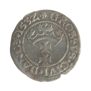 Gdansk grosz, Sigismund I the Old (King of Poland; 1506–1548). Silver coin (grosz), 1532. Obverse: