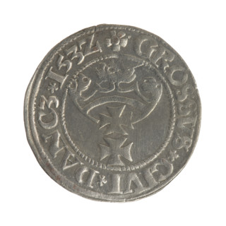 Gdansk grosz, Sigismund I the Old (King of Poland; 1506–1548). Silver coin (grosz), 1532. Obverse: