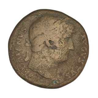 Sestertius, Hadrian (76–138; Roman emperor 117–138). Obverse: head of Hadrian with laurel wreath