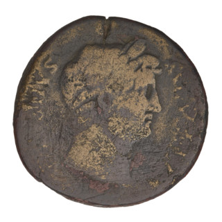 sestertius of Hadrian (76–138 CE; Roman emperor 117–138). Obverse: head of Hadrian with laurel