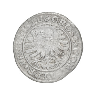 Prussian grosz, Sigismund I the Old (King of Poland; 1506–1548). Obverse: Crowned male bust in