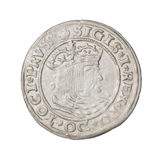 Prussian grosz, Sigismund I the Old (King of Poland; 1506–1548). Obverse: Crowned male bust in