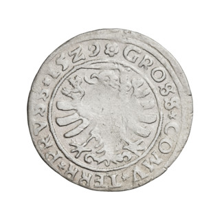 Prussian grosz, Sigismund I the Old (King of Poland; 1506–1548). Obverse: Crowned male bust in