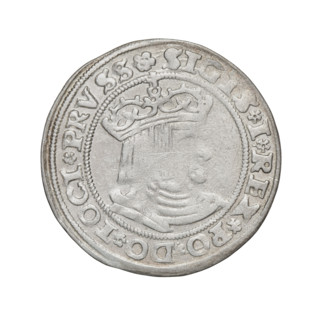 Prussian grosz, Sigismund I the Old (King of Poland; 1506–1548). Obverse: Crowned male bust in