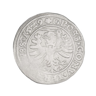 Prussian grosz, Sigismund I the Old (King of Poland; 1506–1548); silver coin, 1529, Torun, Poland.