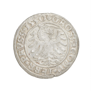 Prussian grosz, Sigismund I the Old (King of Poland; 1506–1548). Obverse: Crowned male bust in