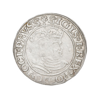 Prussian grosz, Sigismund I the Old (King of Poland; 1506–1548). Obverse: Crowned male bust in