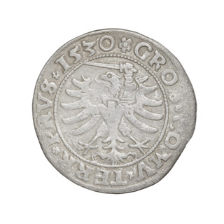 Prussian grosz, Sigismund I the Old (King of Poland; 1506–1548). Obverse: Crowned male bust in
