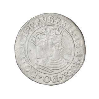 Prussian grosz, Sigismund I the Old (King of Poland; 1506–1548). Obverse: Crowned male bust in