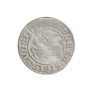 Lithuanian half-grosz, Sigismund I the Old (king of Poland; 1506–1548). Obverse: Pogon turned left;