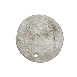 Lithuanian half-grosz, Sigismund I the Old (king of Poland; 1506–1548). Obverse: Pogon (Lithuanian