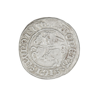 Lithuanian half-grosz, Sigismund I the Old (king of Poland; 1506–1548). Obverse: Pogon (Lithuanian