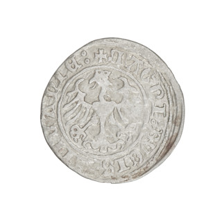 Lithuanian half-grosz, Sigismund I the Old (king of Poland; 1506–1548). Obverse: Pogon turned left;