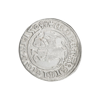 Lithuanian half-grosz, Sigismund I the Old (king of Poland; 1506–1548). Obverse: Pogon turned left;