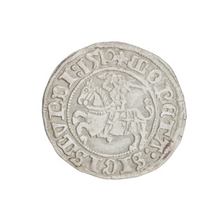 Lithuanian half-grosz, Sigismund I the Old (King of Poland; 1506–1548). Obverse: Pogon (Lithuanian