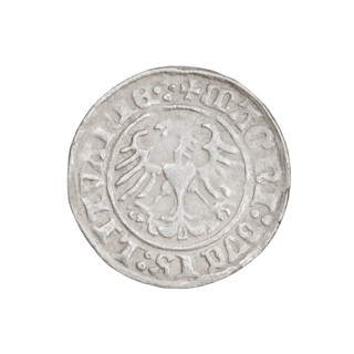 Lithuanian half-grosz, Sigismund I the Old (King of Poland; 1506–1548). Obverse: Pogon (Lithuanian