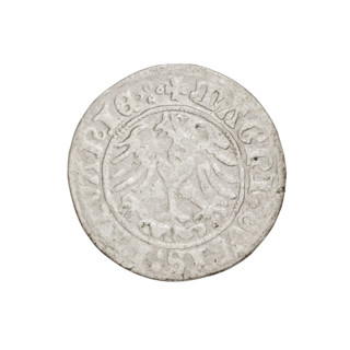 Lithuanian half-grosz, Sigismund I the Old (King of Poland; 1506–1548). Obverse: Pogon turned left;