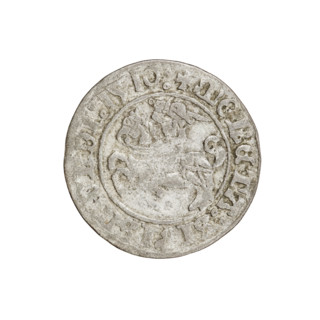 Lithuanian half-grosz, Sigismund I the Old (King of Poland; 1506–1548). Obverse: Pogon (Lithuanian