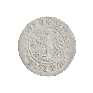 Lithuanian half-grosz, Sigismund I the Old (King of Poland; 1506–1548). Obverse: Pogon (mounted