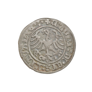 Lithuanian half-grosz, Sigismund I the Old (king of Poland; 1506–1548). Obverse: Pogon (Lithuanian