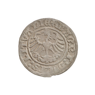 Lithuanian half-grosz, Sigismund I the Old (King of Poland; 1506–1548). Obverse: Pogon turned left;