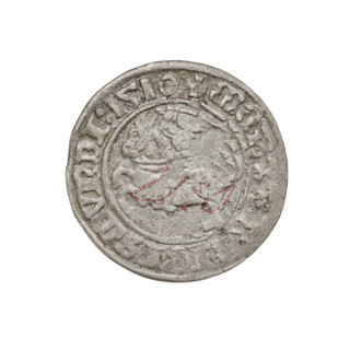 Lithuanian half-grosz, Sigismund I the Old (king of Poland; 1506–1548). Obverse: Pogon (mounted