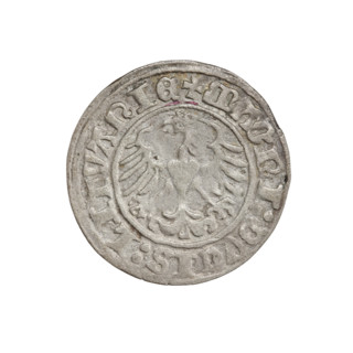 Lithuanian half-grosz, Sigismund I the Old (king of Poland; 1506–1548). Obverse: Pogon turned left;