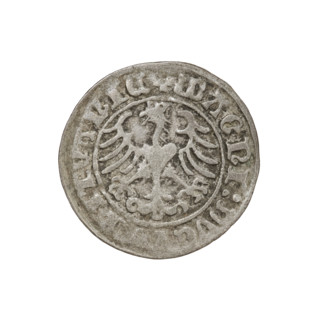 Lithuanian half-grosz, Sigismund I the Old (King of Poland; 1506–1548). Obverse: Pogon (Lithuanian