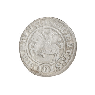 Lithuanian half-grosz, Sigismund I the Old (King of Poland; 1506–1548). Obverse: Pogon turned left;
