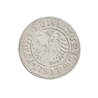 Lithuanian half-grosz, Sigismund I the Old (King of Poland; 1506–1548). Obverse: Pogon (Lithuanian