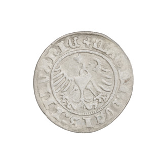 Lithuanian half-grosz, Sigismund I the Old (King of Poland; 1506–1548). Obverse: Pogon (mounted
