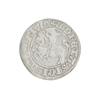 Lithuanian half-grosz, Sigismund I the Old (King of Poland; 1506–1548). Obverse: Pogon turned left;