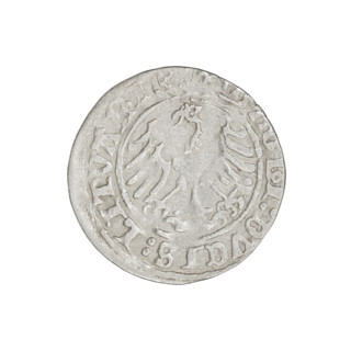 Lithuanian half-grosz, Sigismund I the Old (King of Poland; 1506–1548). Obverse: Pogon turned left;