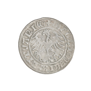 Lithuanian half-grosz, Sigismund I the Old (King of Poland; 1506–1548). Obverse: Pogon turned left;