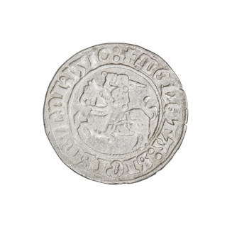 Lithuanian half-grosz, Sigismund I the Old (king of Poland; 1506–1548). Obverse: Pogon (mounted