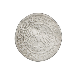Lithuanian half-grosz, Sigismund I the Old (king of Poland; 1506–1548). Obverse: Pogon (Lithuanian