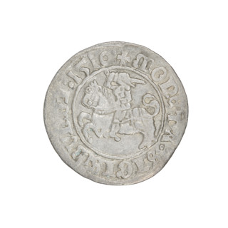 Lithuanian half-grosz, Sigismund I the Old (king of Poland; 1506–1548). Obverse: Pogon (Lithuanian