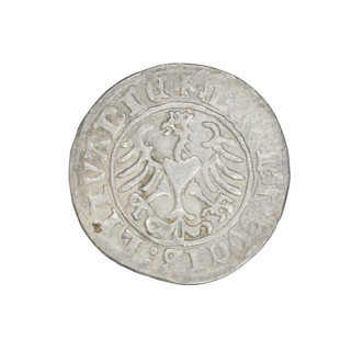 Lithuanian half-grosz, Sigismund I the Old (king of Poland; 1506–1548). Obverse: Pogon turned left;