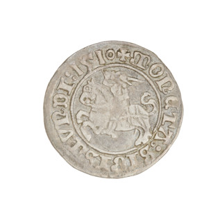 Lithuanian half-grosz, Sigismund I the Old (king of Poland; 1506–1548). Obverse: Pogon (mounted