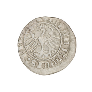 Lithuanian half-grosz, Sigismund I the Old (king of Poland; 1506–1548). Obv.: Pogon (mounted
