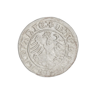 Lithuanian half-grosz, Sigismund I the Old (king of Poland; 1506–1548). Obverse: Pogon turned left;
