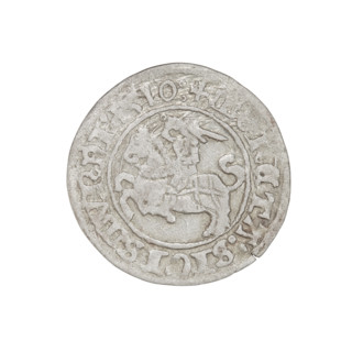 Lithuanian half-grosz, Sigismund I the Old (king of Poland; 1506–1548). Obverse: Pogon (mounted