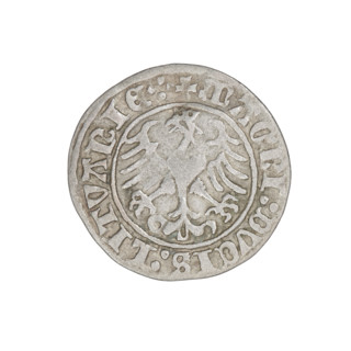 Lithuanian half-grosz, Sigismund I the Old (king of Poland; 1506–1548). Obverse: Pogon turned left;