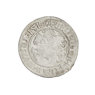 Lithuanian half-grosz, Sigismund I the Old (king of Poland; 1506–1548). Obverse: Pogon turned left;