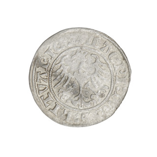 Lithuanian half-grosz, Sigismund I the Old (king of Poland; 1506–1548). Obverse: Pogon (Lithuanian