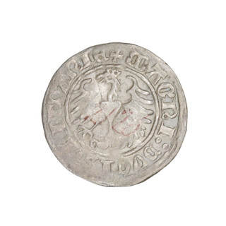 Lithuanian half-grosz, Sigismund I the Old (king of Poland; 1506–1548). Obverse: Pogon (Lithuanian