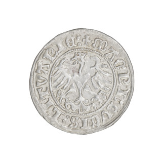 Lithuanian half-grosz, Sigismund I the Old (king of Poland; 1506–1548). Obverse: Pogon (Lithuanian